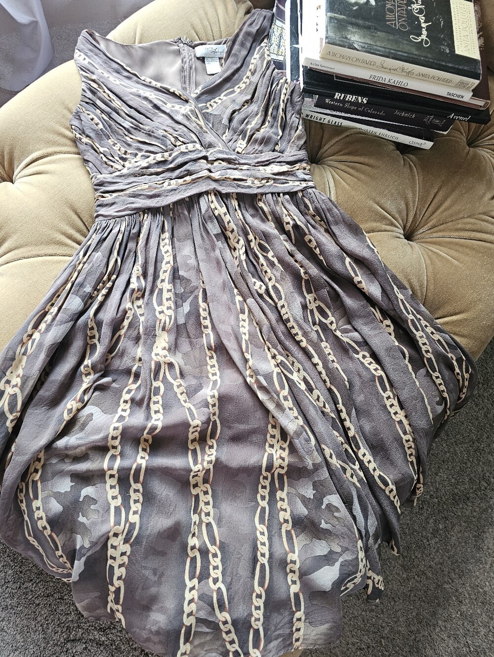 Spiegel 100% Silk Chain Link Camo Print Ruched Midi Dress Taupe Brown Size 2